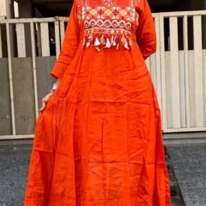 Rust Orange Embroidered Flared Kurti