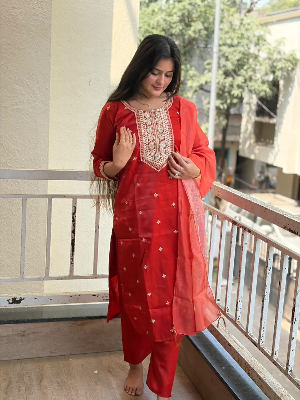 Rust Orange Glass Silk Kurti Pant Dupatta Set